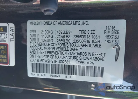 2017 Honda Cr-V Touring from USA, damaged, VIN 5J6RW2H91HL002381